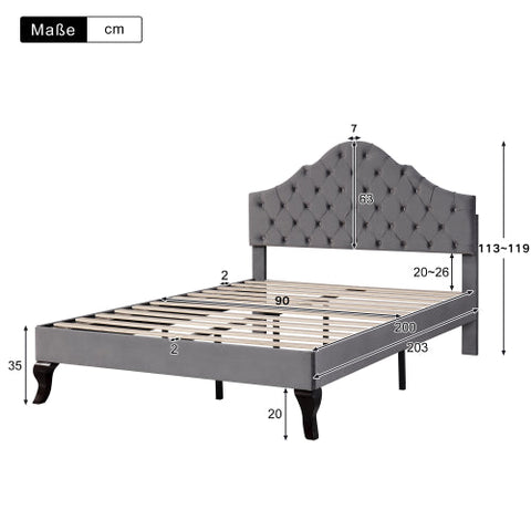 Rootz Upholstered Bed - Adjustable Headboard - Slatted Frame - Luxurious Comfort - 203cm x 90cm x 113-119cm