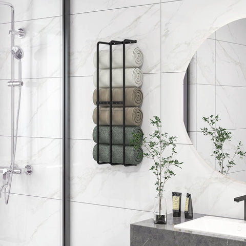 Rootz Wall Mounted Towel Rail - Towel Rack - Bath Towel Holder - Vertical Design - Space Saving - Durable Metal - Black Finish - 21cm x 12cm x 74cm