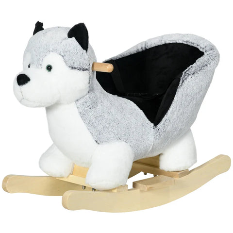 Rootz Husky Rocking Horse - Seat Belt - Sound Function - Plush Rocking Animal - Gray + White + Black - 60cm x 33cm x 50cm