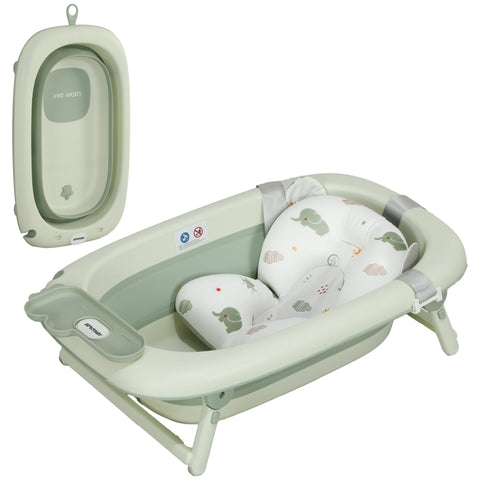 Rootz Foldable Baby Bath Tub - Infant Bath - Toddler Bathtub - Non-Slip Base - 86cm x 53cm x 25.5cm - Green Elephant Cushion