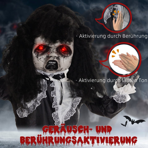 Rootz Animated Halloween Decoration - Spooky Lolita Girl - Bendable Arms - Glowing Red Eyes - Scary Voices - 65cm x 15cm x 160cm