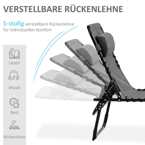Rootz Deck Chair - Folding Lounger - Outdoor Recliner - With Neck Pillow - 185cm x 58cm x 30cm - Supports 120kg - Steel Frame, Mesh Cover, Grey