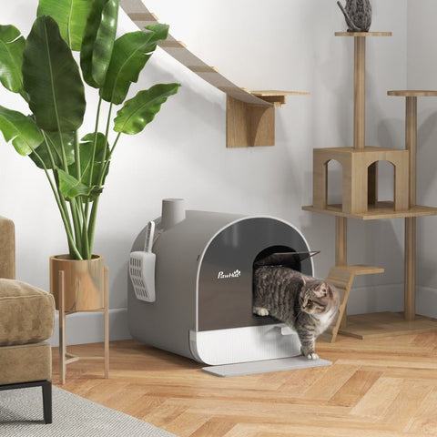 Rootz Cat Litter Box with Lid - Enclosed Litter Box - Covered Cat Toilet - Easy to Clean - Spacious Interior - High Side Walls - 43cm x 44cm x 47cm - Plastic - Grey/Black