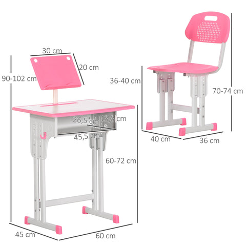 Rootz Children's Desk and Chair Set - Study Table - Kids Workstation - Height Adjustable - 60 x 45 x 90-102 cm - Pink