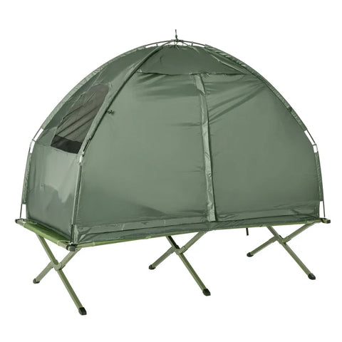 Rootz Camping Tent Set With Camp Bed - Sleeping Bag And Mattress - Outdoor Hiking Picnic Bed - Dark Green - L193 x W86 x H160 cm