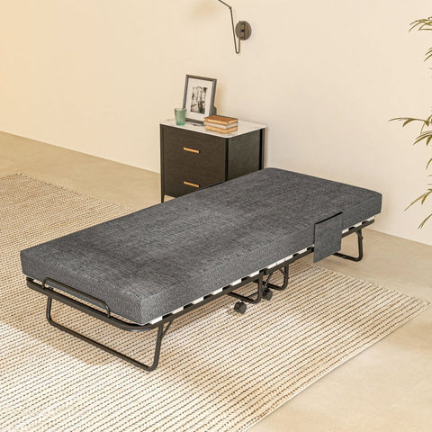 Rootz Folding Guest Bed - Camping Cot - Portable Sleeping Accommodation - Linen-Look Mattress - Steel Frame - 190cm x 80cm x 42cm