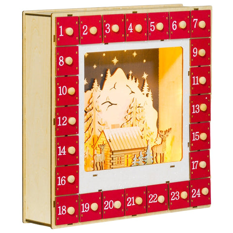 Rootz Christmas Advent Calendar - LED Lit - Large Drawers - Festive Decor - MDF - 34cm x 7cm x 34cm