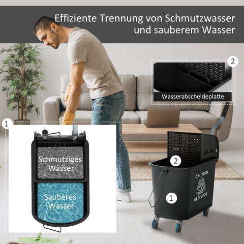 Rootz 20L Mop Bucket with Wringer - Cleaning Pail - Rolling Bucket - Effortless Mobility - 60cm x 27cm x 70.5cm