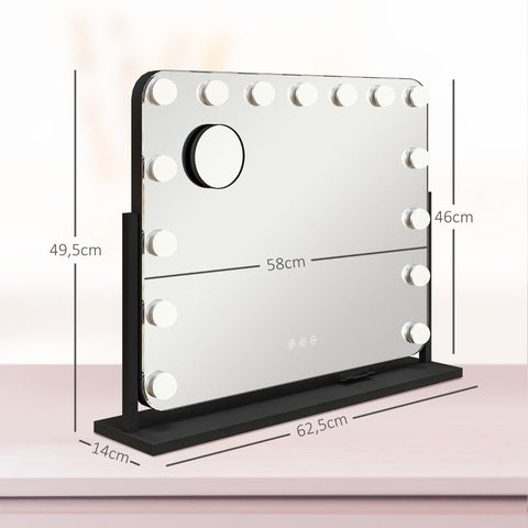 Rootz LED Hollywood Makeup Mirror - Cosmetic Vanity Mirror - Table Mirror - 14 LED Lights - Adjustable Brightness - Cell Phone Holder - USB Port - 62.5cm x 49.5cm x 14cm