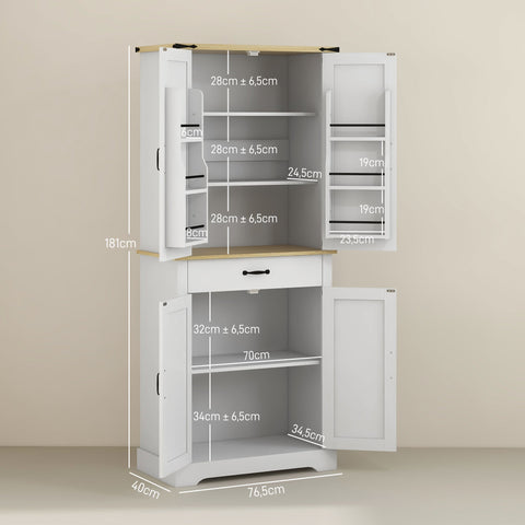 Rootz Kitchen Cabinet Buffet - Storage Unit - Modern Organizer - Adjustable Shelves - 76.5 x 40 x 181 cm White