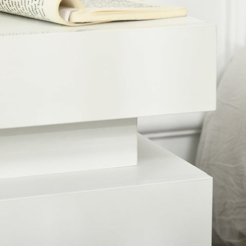 Rootz Bedside Table Nightstand - Modern Side Table - Glossy Bedside Unit - RGB LED Light - Two Drawers - 45W x 35D x 52H cm