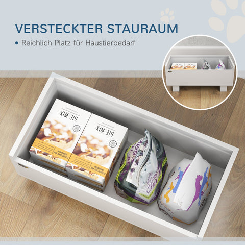Rootz Elevated Dog Feeding Station - Pet Feeder - Dog Bowl Stand - Promotes Healthy Eating - 50cm x 24cm x 22cm - Storage & Slow Feeder Mat, White