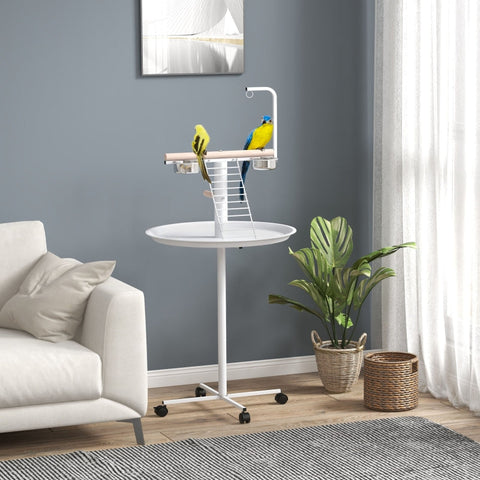 Rootz Bird Table - Bird Perch Stand - Parrot Playstand - Steel & Wood - 2 Stainless Steel Bowls - Portable - 60cm x 138cm