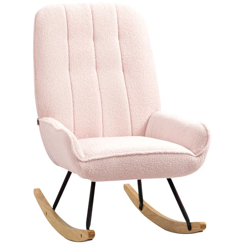Rootz Rocking Chair - Modern Design Rocking Chair - Sherpa Fleece - Rubber Wood - Quilting - Natural + Pink - 63 cm x 95 cm x 97 cm
