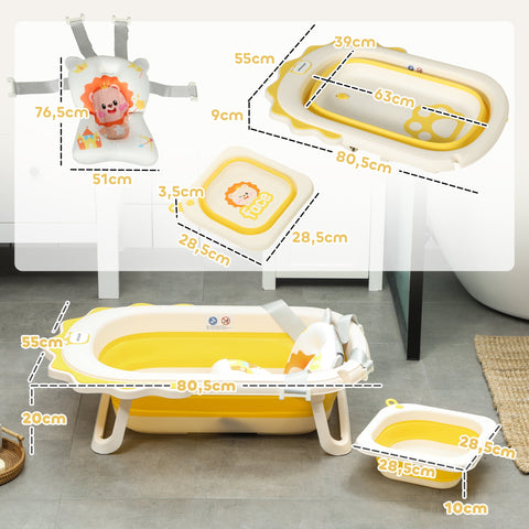 Rootz Foldable Baby Bath Tub - Sink - Non-Slip Bathtub - Comfortable Bath Cushion - 80.5cm x 55cm x 20cm (Yellow)