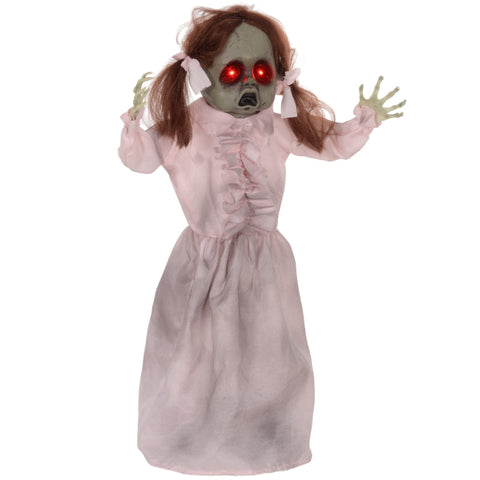 Rootz Animated Halloween Decoration - Spooky Girl Prop - Motion Activated - Glowing Red Eyes - Creepy Talking Voice - 50cm x 15cm x 76cm