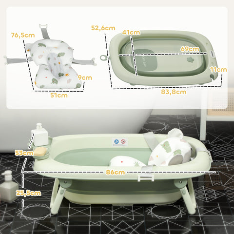 Rootz Foldable Baby Bath Tub - Infant Bath - Toddler Bathtub - Non-Slip Base - 86cm x 53cm x 25.5cm - Green Elephant Cushion
