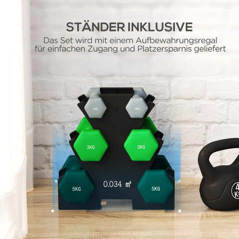 Rootz Dumbbell Set with Rack - Fitness Weights - Training Dumbbells - Anti-Roll Design - 34W x 10D x 34H cm