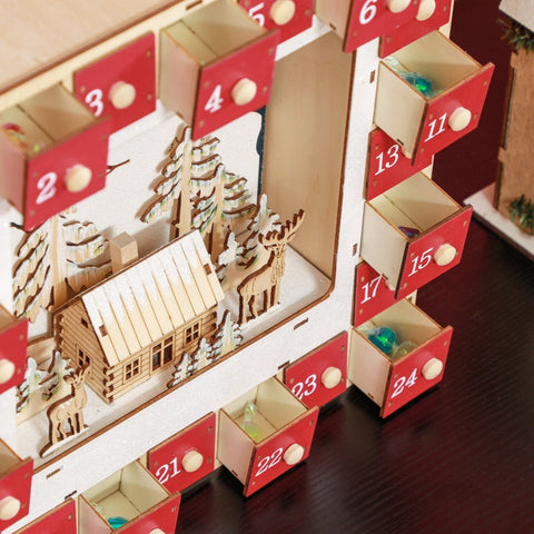 Rootz Christmas Advent Calendar - LED Lit - Large Drawers - Festive Decor - MDF - 34cm x 7cm x 34cm