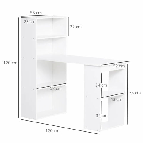 Rootz Desk Office Table - Computer Table - 2 Shelves - Space-saving Design - 5 Shelves - Chipboard - White - 120 Cm X 55 Cm X 120 Cm