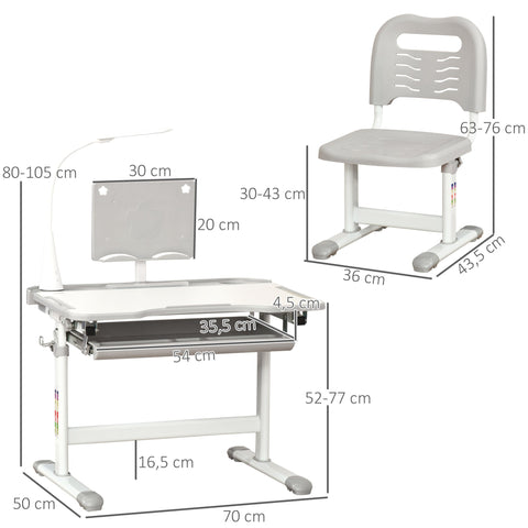 Rootz Children's Desk and Chair Set - Kids Study Desk - Adjustable School Desk - LED Lamp - Steel, PP, MDF - Desk: 70x50x80-105cm, Chair: 36x43.5x63-76cm