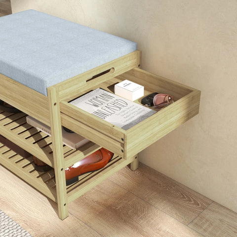 Rootz Schoenenrek - 2 Planken - Zitkussen - Bamboe - Grijs + Naturel - 55 cm x 35 cm x 46 cm