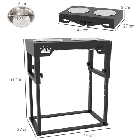 Rootz Feeding Station - Raised Feeding Bowls - Pet Food Stand - Elegant Scarf - Height Adjustable - Black - 44 cm x 27 cm x 51 cm
