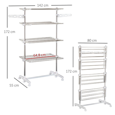 Rootz Mobile Clothes Airer with Wheels - Foldable Drying Rack - Rustproof Laundry Stand - Maximum Versatility - Optimal Flexibility - Easy to Fold and Store - 142cm x 55cm x 172cm - Stainless Steel