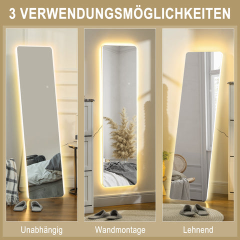 Rootz LED Full-Length Mirror - Dressing Mirror - Standing Mirror - Dimmable - Touch Control - 40 x 150 cm - Frameless Design - Optimal Illumination