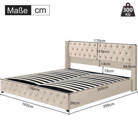 Rootz Upholstered Bed - Hydraulic Storage Bed - Chesterfield Bed - Luxurious Velvet Fabric - 209cm x 170cm x 94.5cm