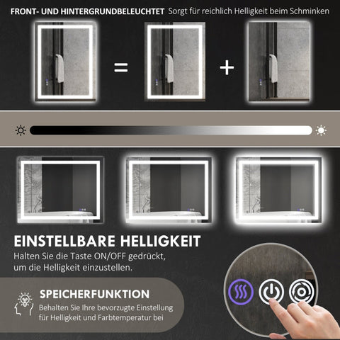 Rootz LED Bathroom Mirror - Wall Mounted Vanity Mirror - Makeup Mirror - Adjustable Lighting - Anti-Fog Technology - 80cm x 60cm x 4cm