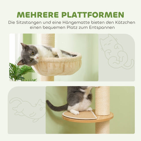 Rootz Floor-to-Ceiling Cat Tree - Cat Tower - Scratching Post - Adjustable Height - Wood Material - 40cm x 40cm x 230-250cm