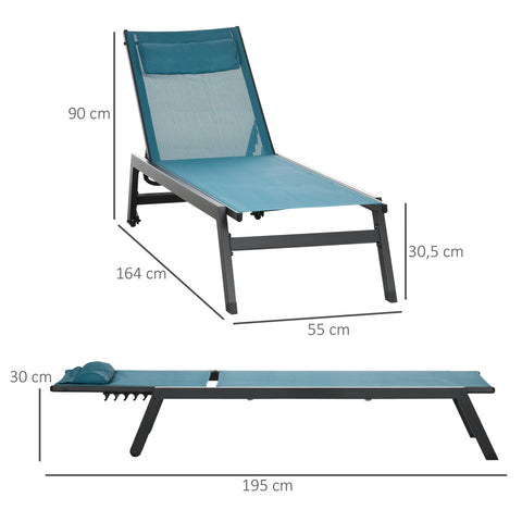 Rootz Aluminum Sun Lounger Sundeck - Patio Lounge Chair - Adjustable Chaise - Multi-Position Comfort - 55W x 195D x 30H cm - Blue
