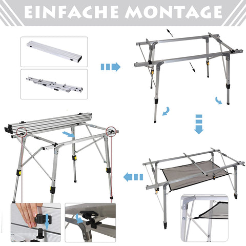 Rootz Picnic Folding Table - Height-Adjustable Camping Table - Portable Table - Aluminum - 120 x 70 x 58-73 cm - Includes Carrying Bag