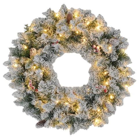 Rootz Christmas Wreath - Artificial Pine Wreath - LED Lights - Snowy Tips - 210 Tips - 50 Warm White Lights - Ø60cm x 10cm