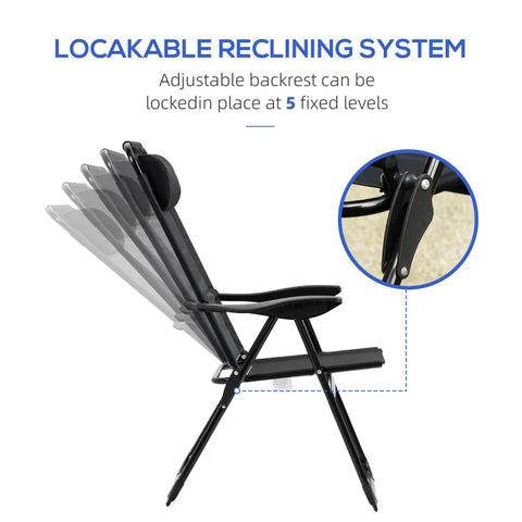 Rootz Folding Chair Set of 2 - Folding Lounger - Weatherproof - 5-Way Adjustable Backrest - Metal Frame - Black - 62W x 70D x 109H cm