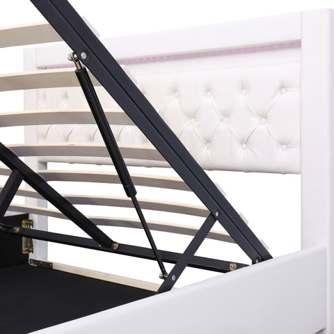 Rootz Upholstered Bed - Slatted Frame - Storage Space - LED Lighting - 140 x 200 cm - White - Durable PU Frame - 207L x 142W x 99H cm