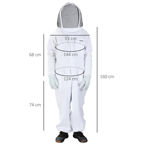 Rootz Beekeeping Suit - Full Body Beekeeper Protective Gear - White Cotton Suit - Removable Mesh Veil - Elastic Rubber Cuffs - XXL - 160cm x 53cm x 144cm