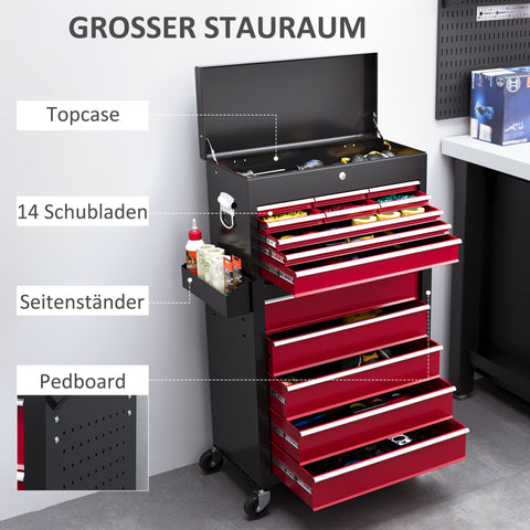 Rootz Tool Trolley - Workshop Trolley - Mobile Tool Chest - Lockable Drawers - Red Steel - 14 Drawers - 60x26x34cm & 76x33x75cm
