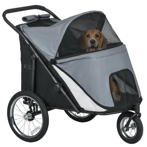 Rootz Folding Pop Up Dog Stroller - Pet Buggy - Dog Cart - Hinged Canopy - Large Rubber Tires - Integrated Dog Leash - 111cm x 70cm x 97.5cm - Oxford Polyester & Steel - Grey/Black