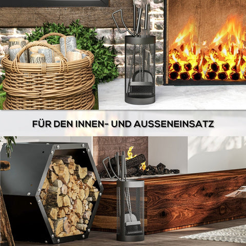 Rootz Fireplace Cutlery Set - 5-Piece Fire Tool Accessories - Metal Construction - Black Coating - Space-Saving Design - 33.5cm x 16cm x 47cm