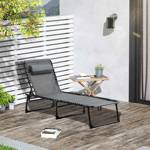 Rootz Deck Chair - Folding Lounger - Outdoor Recliner - With Neck Pillow - 185cm x 58cm x 30cm - Supports 120kg - Steel Frame, Mesh Cover, Grey