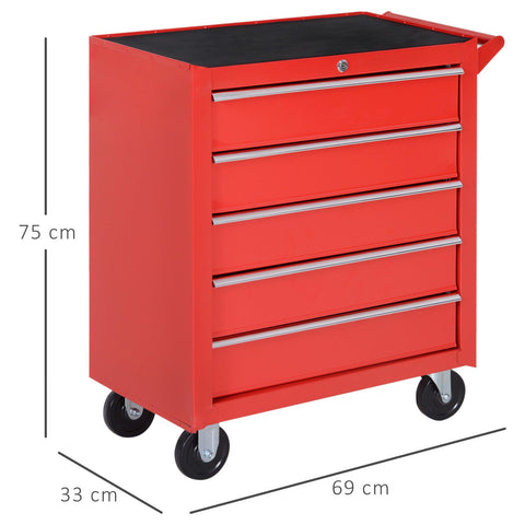 Rootz Rollable Workshop Tool Trolley - Tool Cart - Lockable Storage - 5 Drawers - Steel 69 x 33 x 75 cm - Red-Black