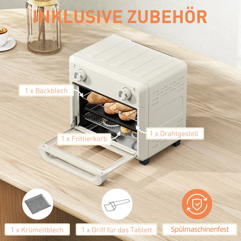 Rootz 10L Mini Convection Oven - Air Fryer - Touchscreen Cooker - Less Oil Cooking - 32 cm Weight x 27.2 cm Depth x 29.8 cm Height - White & Silver