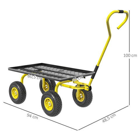 Rootz Garden Cart - Transport Trolley - Handcart with 4 Pneumatic Wheels - 150kg Capacity - 94cm x 48.5cm x 100cm - Yellow-Black