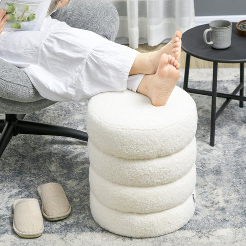 Rootz Ottoman Stool - Footrest - Round Stool - Thick Foam Padding - Skin-Friendly Cover - Cream White - 40cm x 45cm - Steel Frame