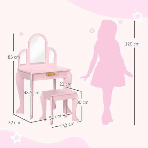 Rootz Children's Dressing Table Set - Vanity Table - Makeup Desk - Encourages Independence - 52 x 32 x 85 cm - Pink
