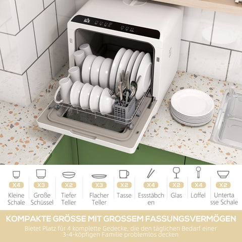 Rootz Small Dishwasher - Compact Kitchen Helper - Table Dishwasher - 6 Programs - Sparkling Clean Dishes - 45W x 44D x 45.8H cm