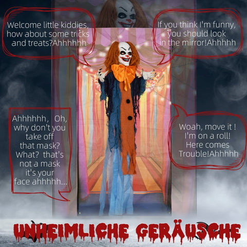 Rootz Halloween Animated Circus Clown Decoration - Spooky Prop - Moving Arms - Glowing Eyes - Clown Sounds - 83cm x 20cm x 168cm