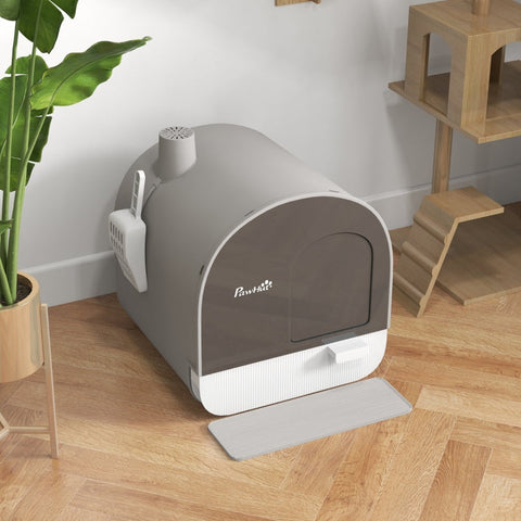 Rootz Cat Litter Box with Lid - Enclosed Litter Box - Covered Cat Toilet - Easy to Clean - Spacious Interior - High Side Walls - 43cm x 44cm x 47cm - Plastic - Grey/Black